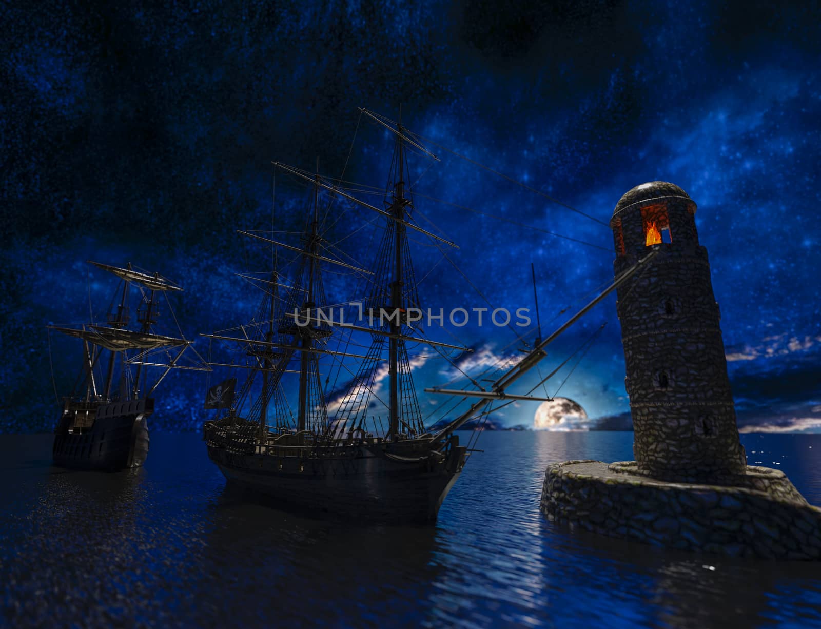 Pirate sailship near the old lighthouse with fire at moonlight - 3d rendering