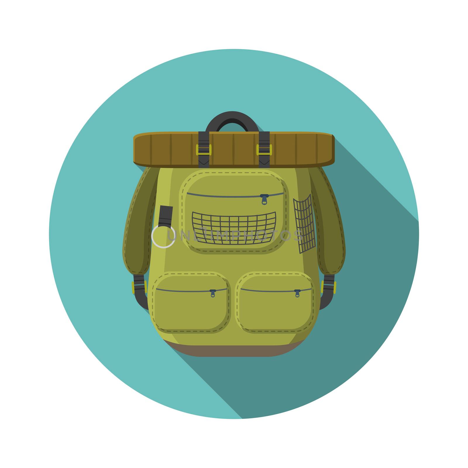 Flat design modern vector illustration of tourist backpack icon, camping and hiking equipment with long shadow by Lemon_workshop