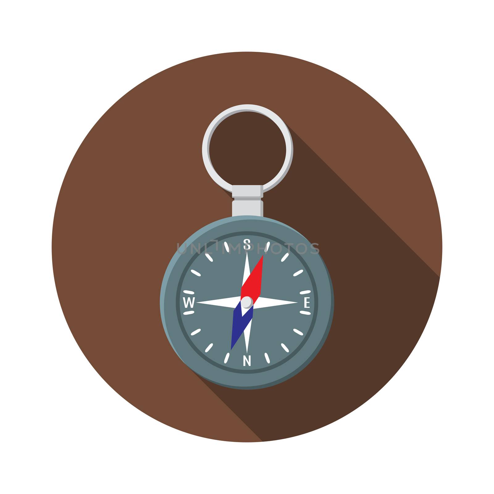 Flat design modern vector illustration of compass icon, camping, hiking and exploring equipment with long shadow.