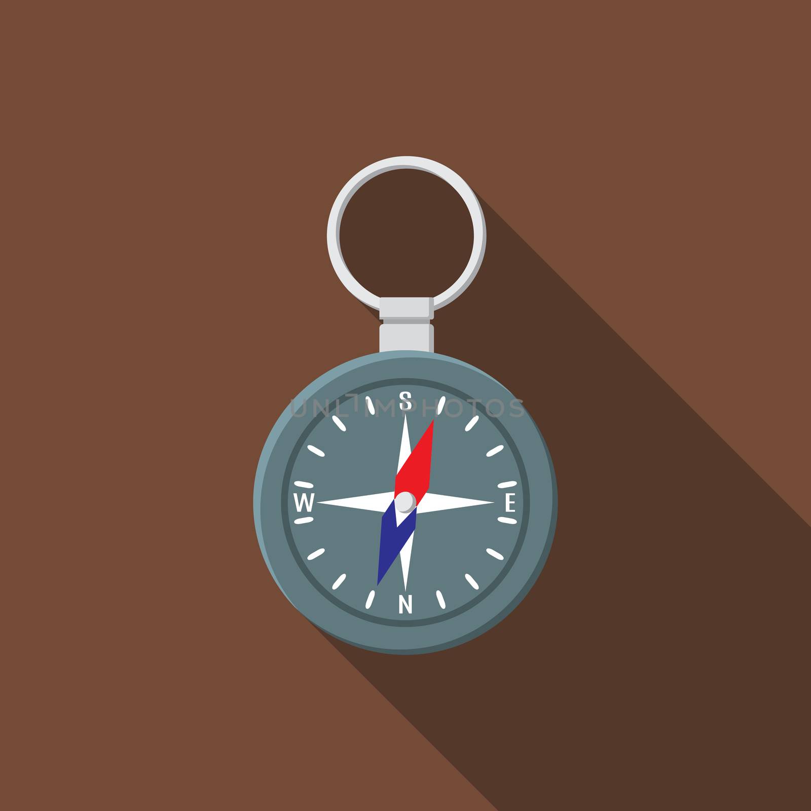 Flat design modern vector illustration of compass icon, camping, hiking and exploring equipment with long shadow.