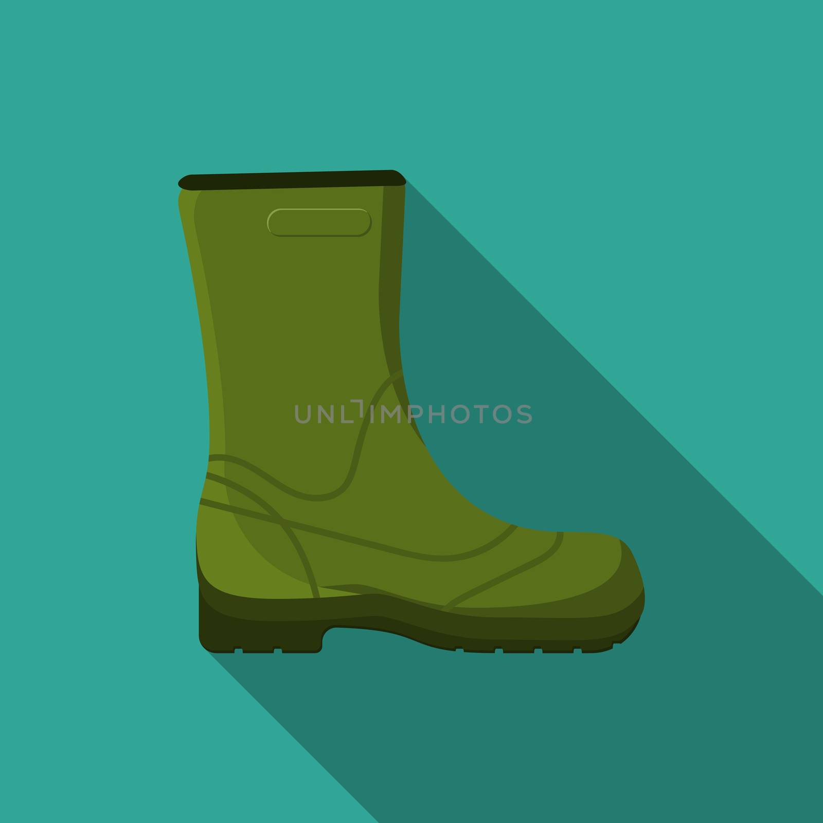 Flat design modern vector illustration of rubber boot icon, camping, hiking and fishing equipment with long shadow.