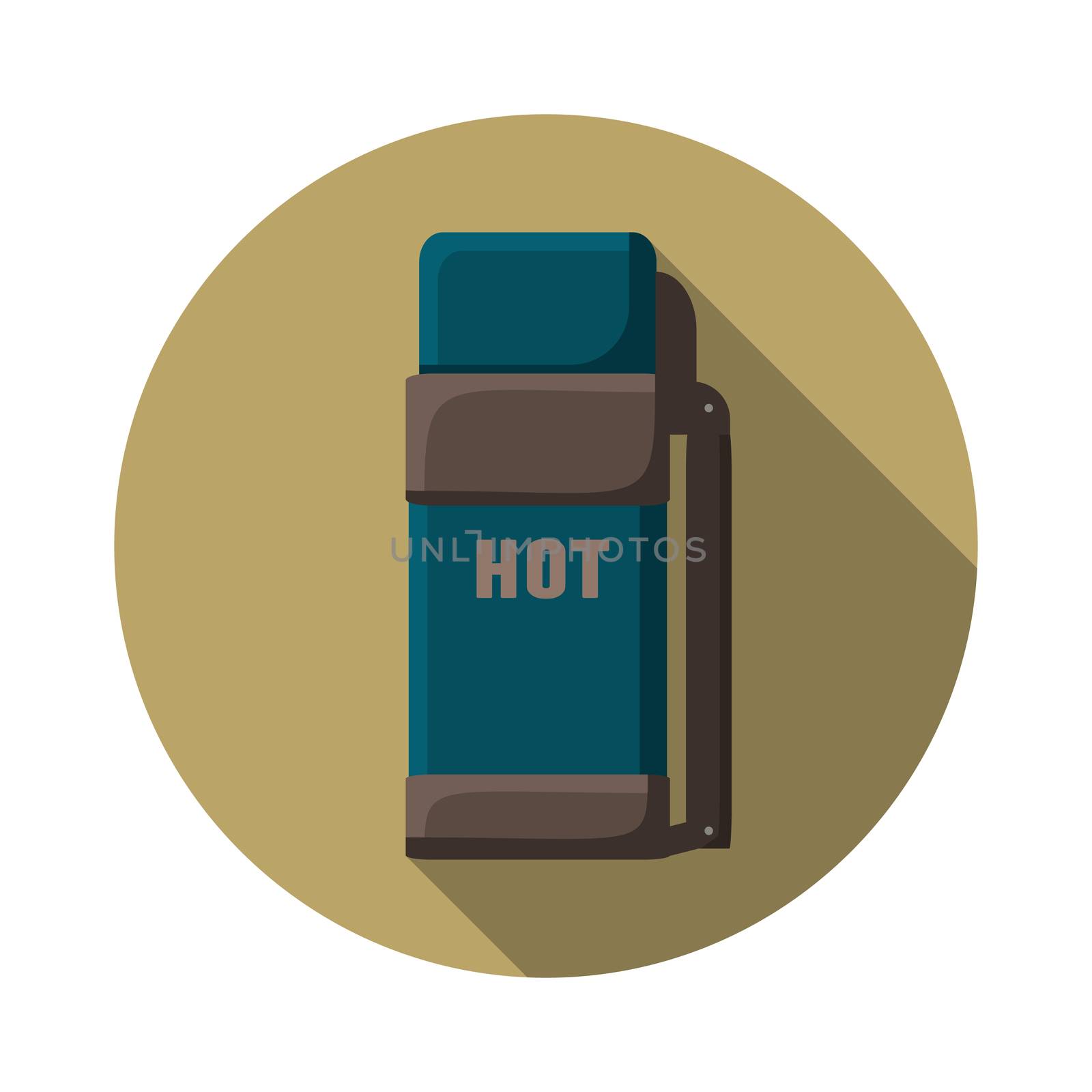 Flat design modern vector illustration of thermo container icon, camping and hiking equipment with long shadow.
