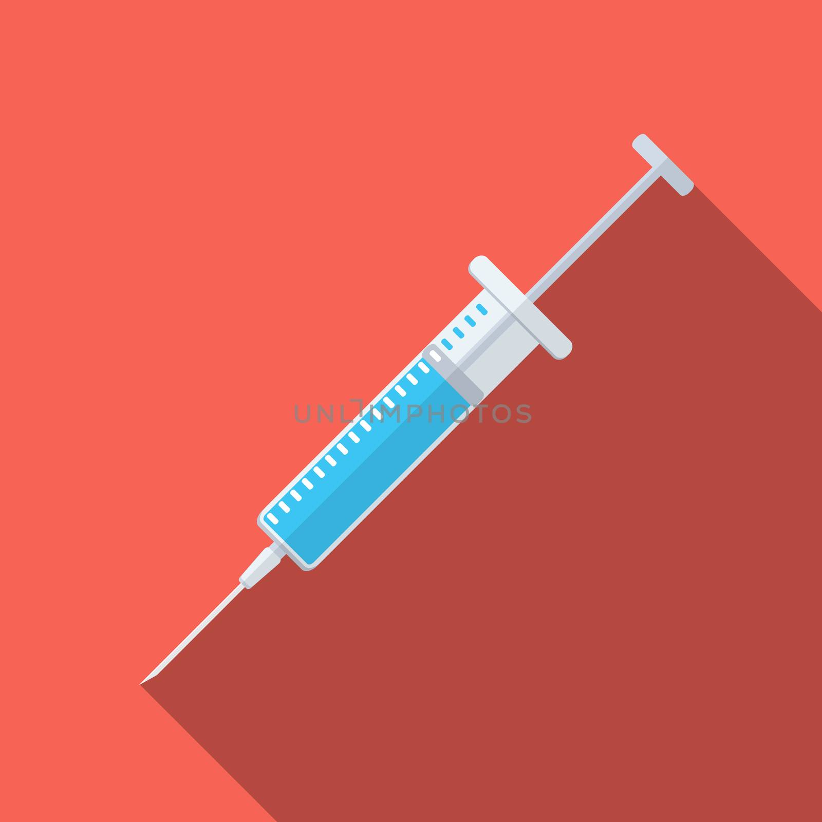 Flat design modern vector illustration of medical syringe icon with long shadow.