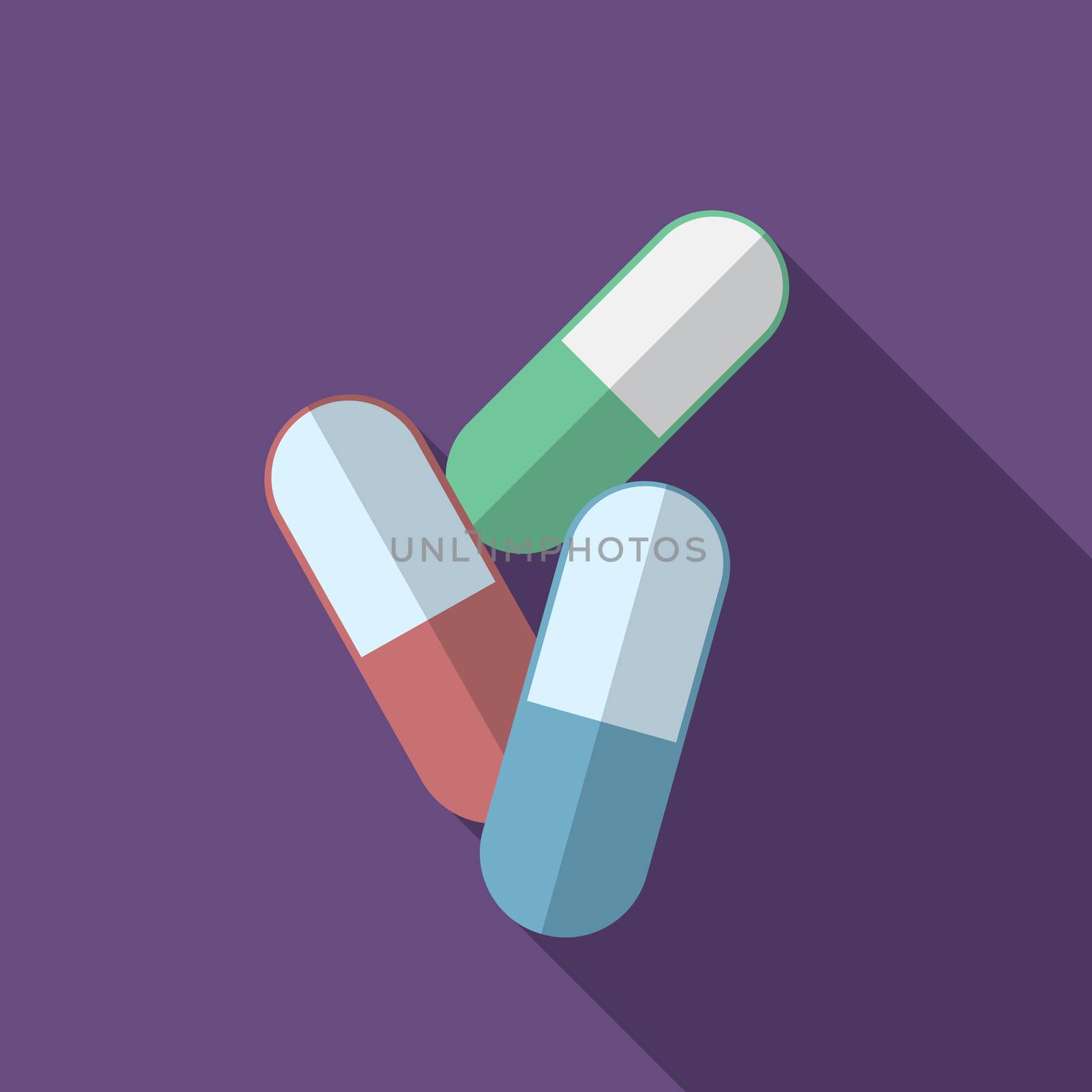 Flat design modern vector illustration of medical pills icon with long shadow by Lemon_workshop