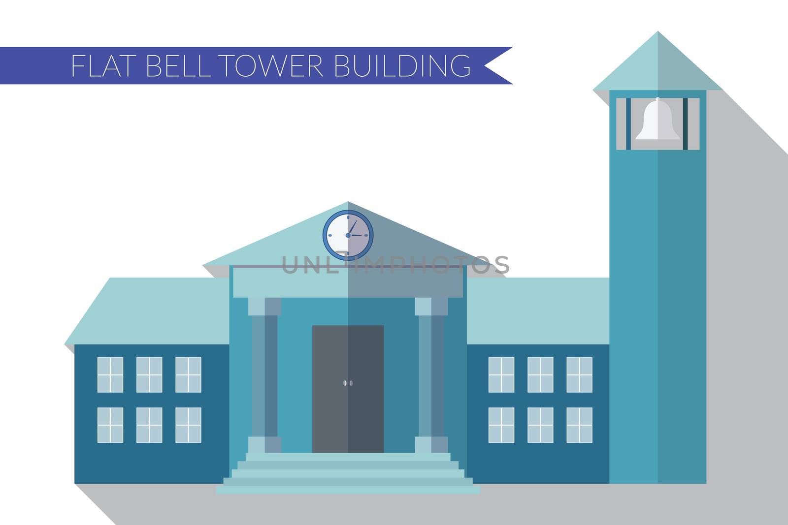 Flat design modern vector illustration of building with bell tower icon, with long shadow.