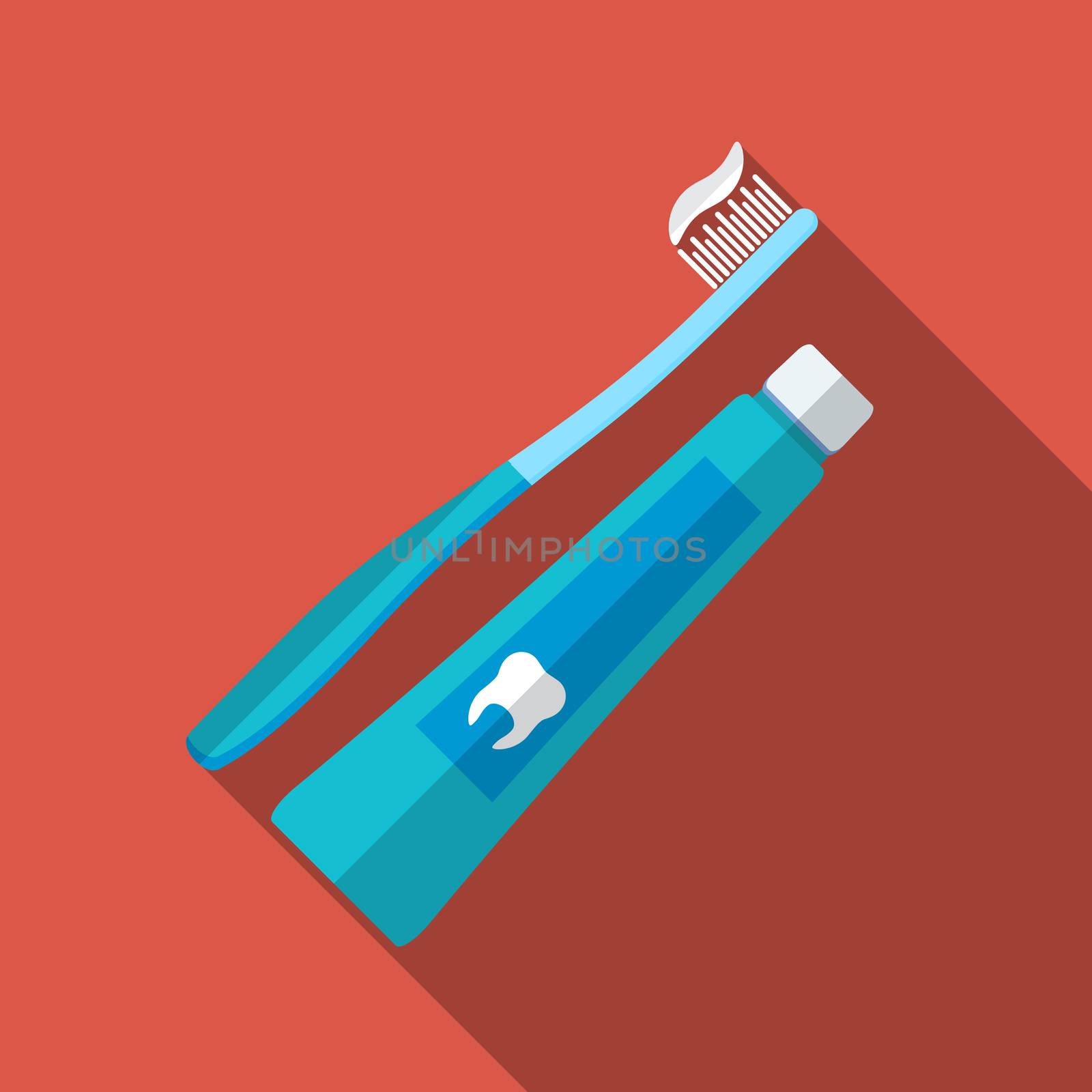 Flat design modern vector illustration of tooth brush and paste icon with long shadow.