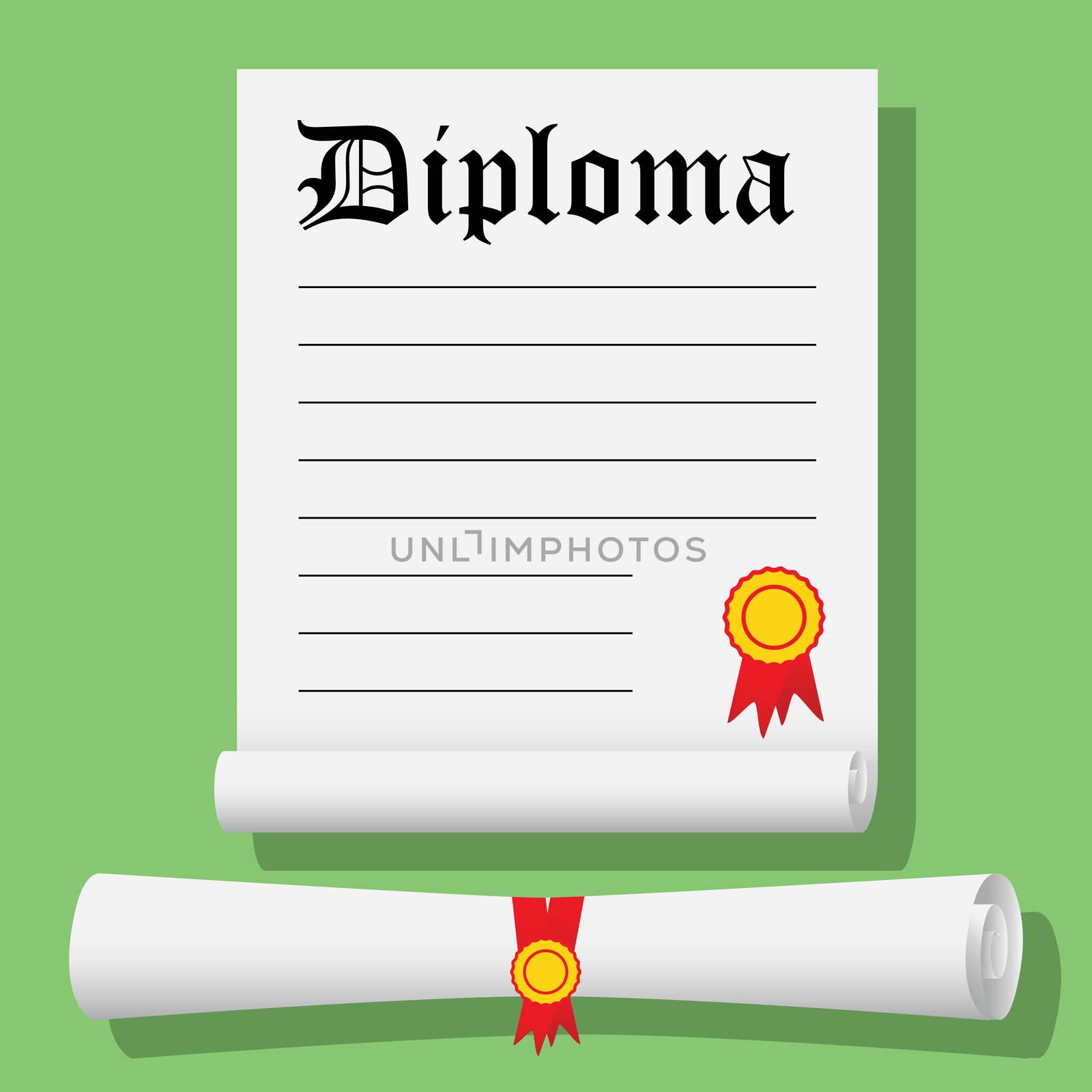 Flat design modern vector illustration of Degree Scroll with Red Ribbon and Diploma, on color background.