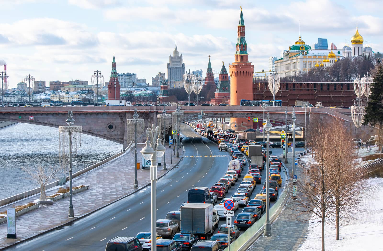 February 5, 2020 Moscow, Russia, Traffic jam on the Kremlin embankment in Moscow.