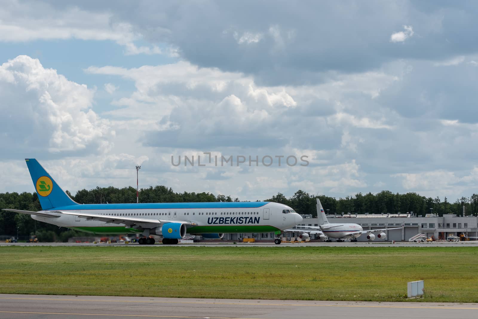 July 2, 2019, Moscow, Russia. Airplane Boeing 767-300 Uzbekistan Airways at Vnukovo airport in Moscow.