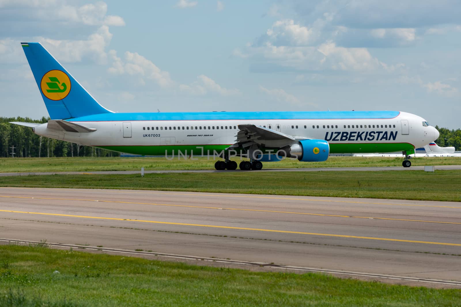 July 2, 2019, Moscow, Russia. Airplane Boeing 767-300 Uzbekistan Airways at Vnukovo airport in Moscow.