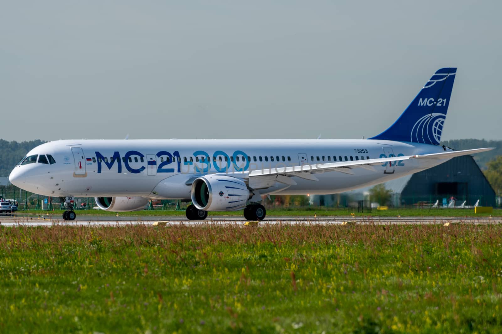 August 30, 2019. Zhukovsky, Russia. Promising Russian medium-range narrow-body passenger aircraft Irkut MC-21 at the International Aviation and Space Salon MAKS 2019.
