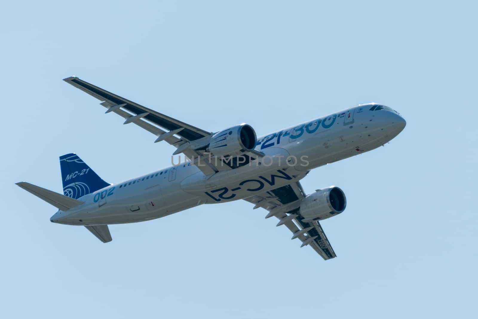 August 30, 2019. Zhukovsky, Russia. Promising Russian medium-range narrow-body passenger aircraft Irkut MC-21 at the International Aviation and Space Salon MAKS 2019.