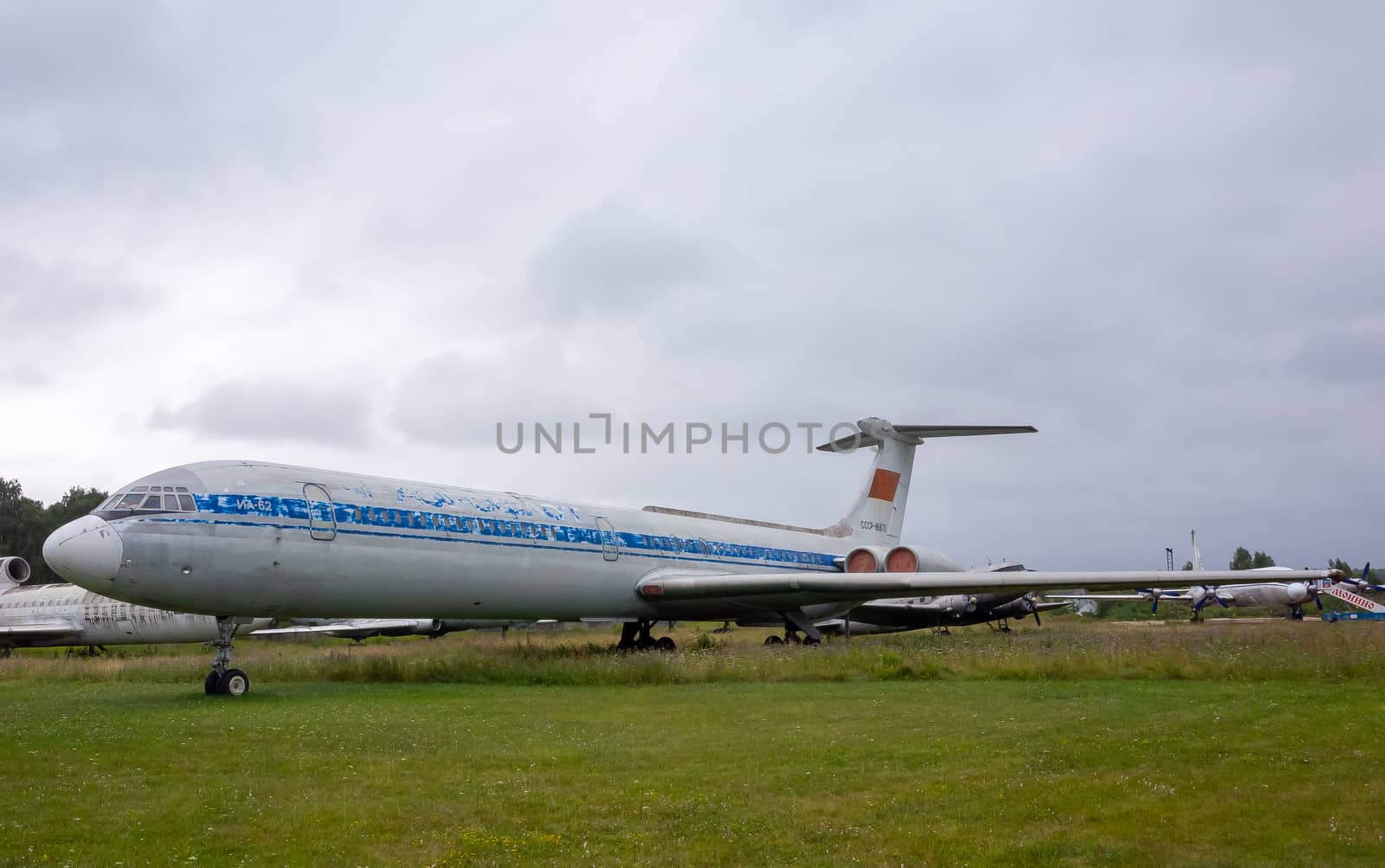 July 18, 2018, Moscow region, Russia. Soviet long-haul passenger aircraft Ilyushin Il-62 at the Central Museum of the Russian Air Force in Monino.