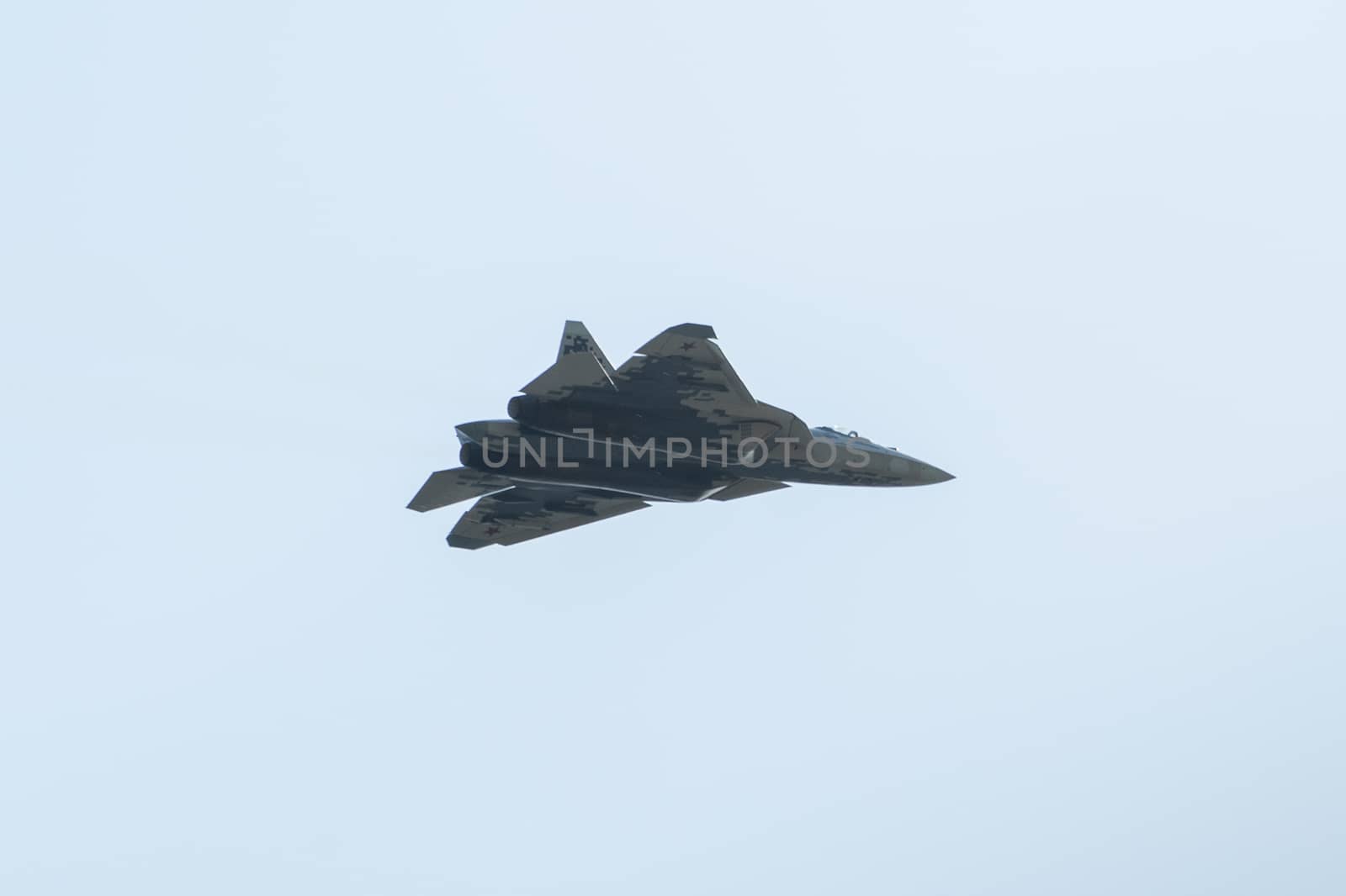 August 30, 2019. Zhukovsky, Russia. fifth-generation promising Russian multi-functional fighter Sukhoi Su-57  at the International Aviation and Space Salon MAKS 2019.