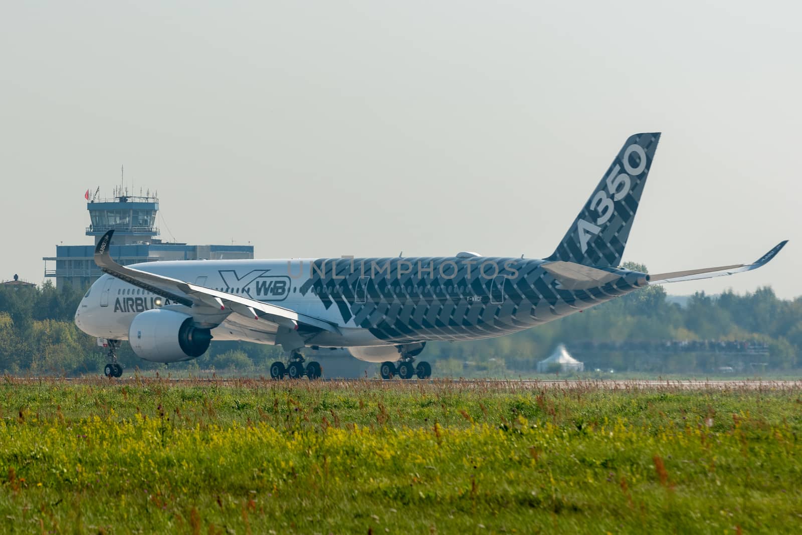 August 30, 2019. Zhukovsky, Russia. long-range wide-body twin-engine passenger aircraft Airbus A350-900 XWB Airbus Industrie at the International Aviation and Space Salon MAKS 2019.