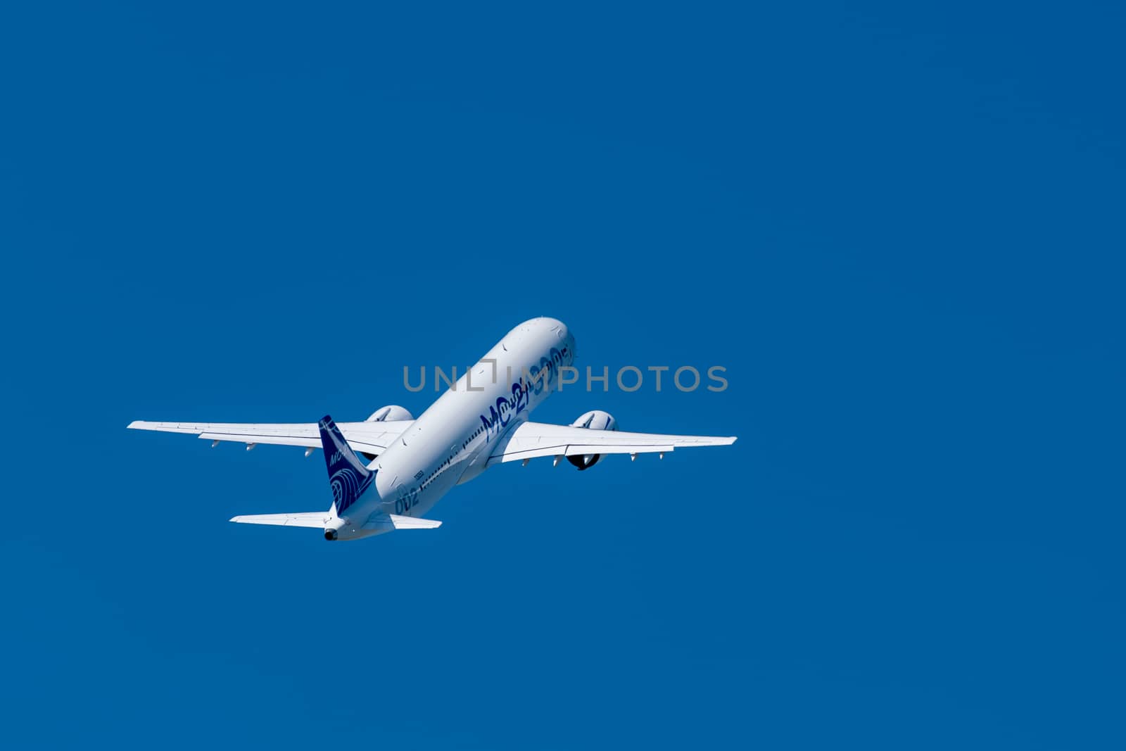 August 30, 2019. Zhukovsky, Russia. Promising Russian medium-range narrow-body passenger aircraft Irkut MC-21 at the International Aviation and Space Salon MAKS 2019.