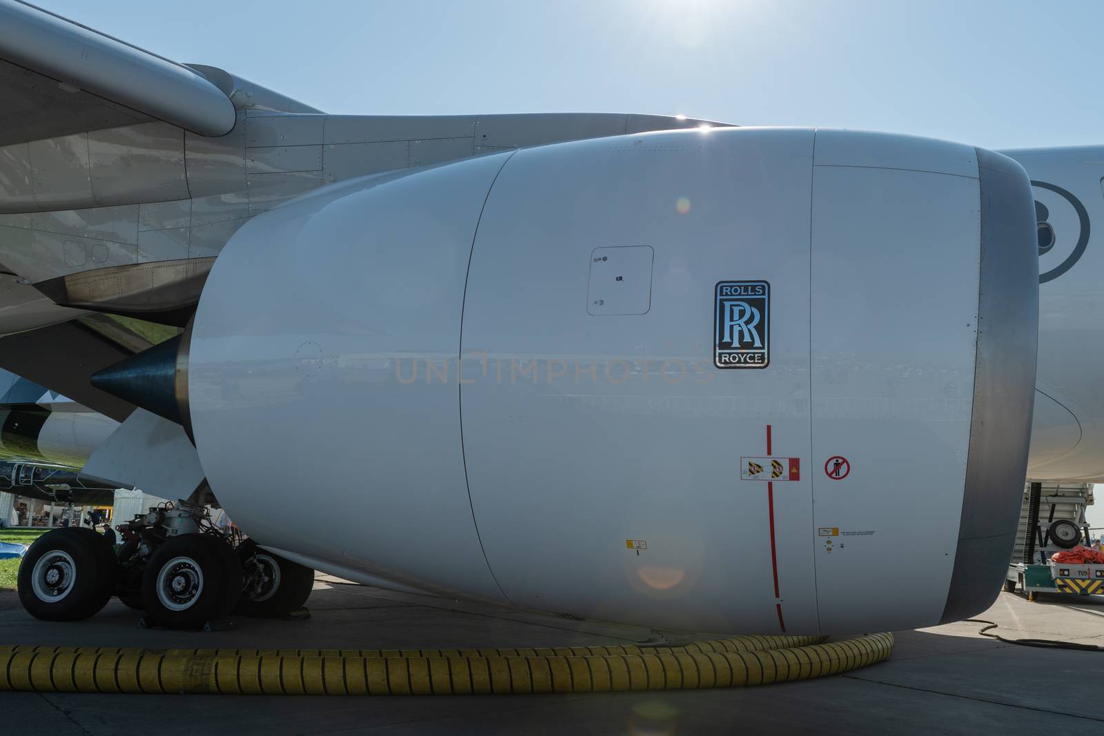 August 30, 2019. Zhukovsky, Russia. Aircraft engine Rolls-Royce Trent XWB long-range wide-body twin-engine passenger aircraft Airbus A350-900 XWB Airbus Industrie at the International Aviation and Space Salon MAKS 2019.