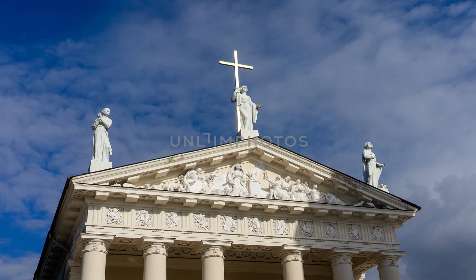 April 27, 2018 Vilnius, Lithuania. Sculptures on the roof of the Cathedral of St. Stanislav in Vilnius.