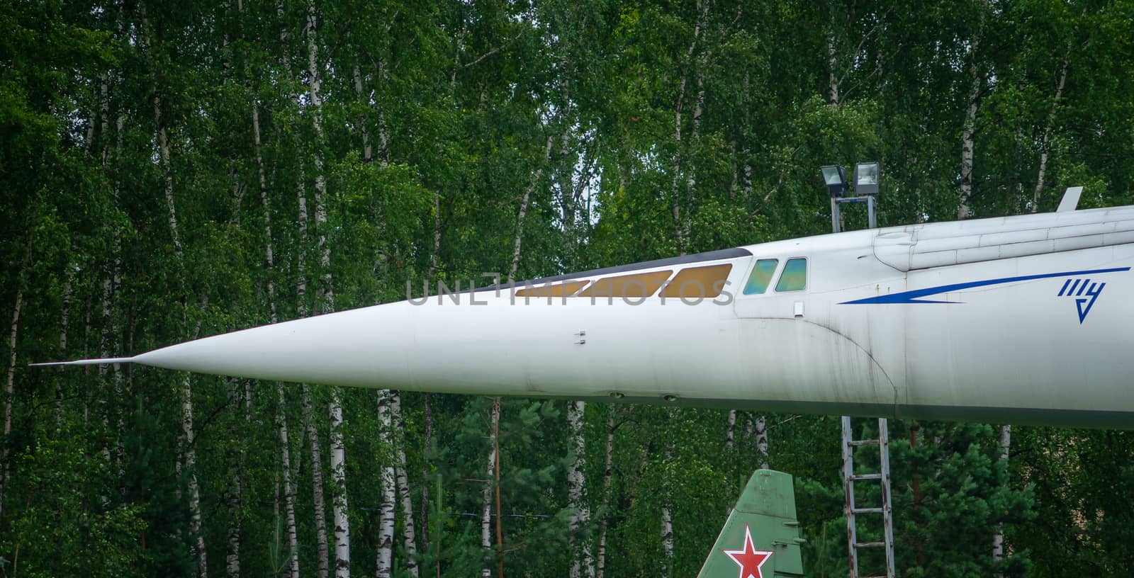 July 18, 2018, Moscow region, Russia. Soviet supersonic passenger aircraft Tupolev Tu-144 at the Central Museum of the Russian Air Force in Monino.