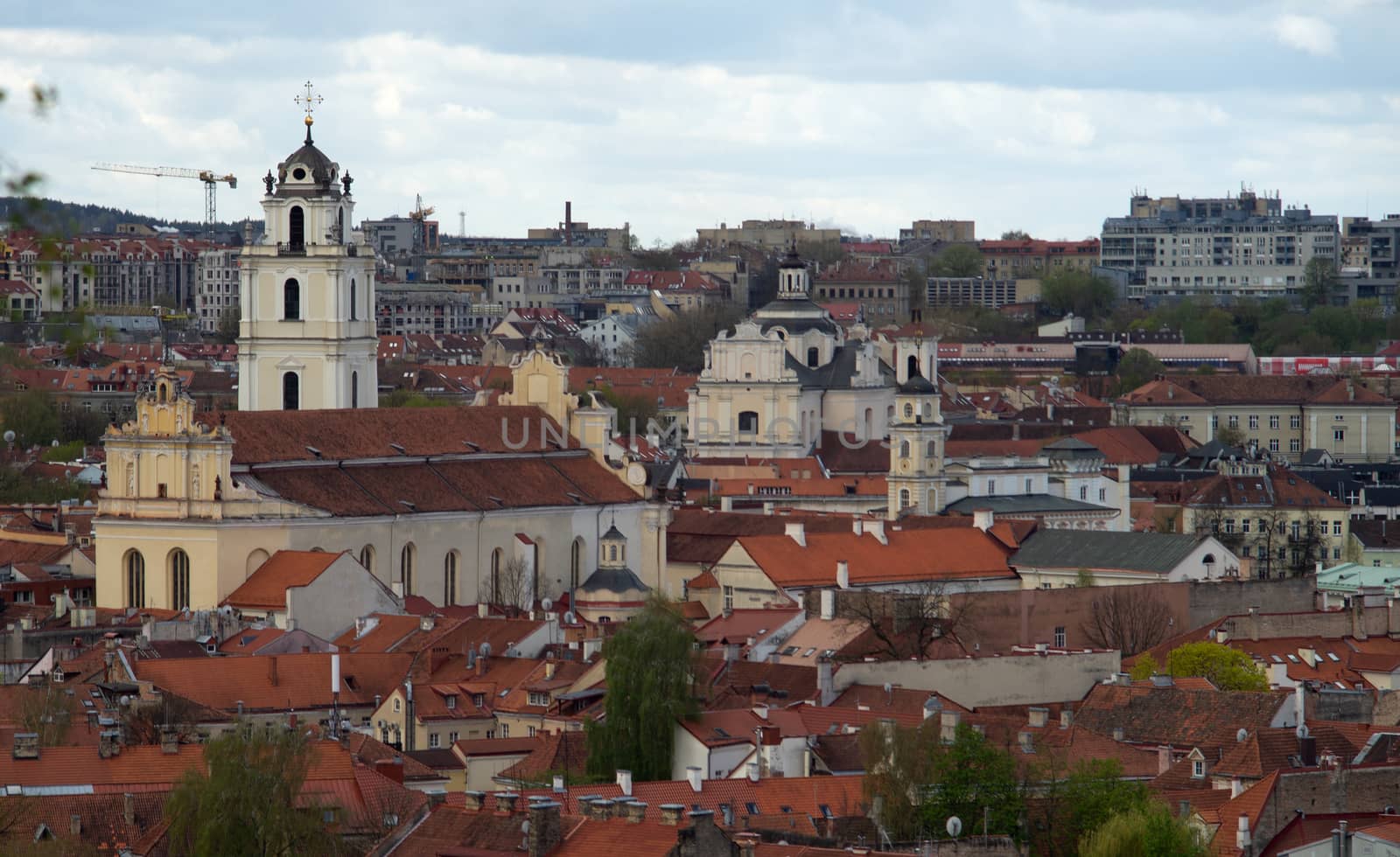April 27, 2018 Vilnius, Lithuania. View of the old city of Vilnius from Three Cross Mountain.
