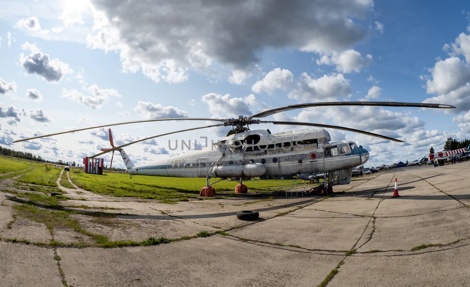 September 12, 2020, Kaluga region, Russia.  Military transport helicopter (flying crane) Mil Mi-10 at the Oreshkovo airfield.