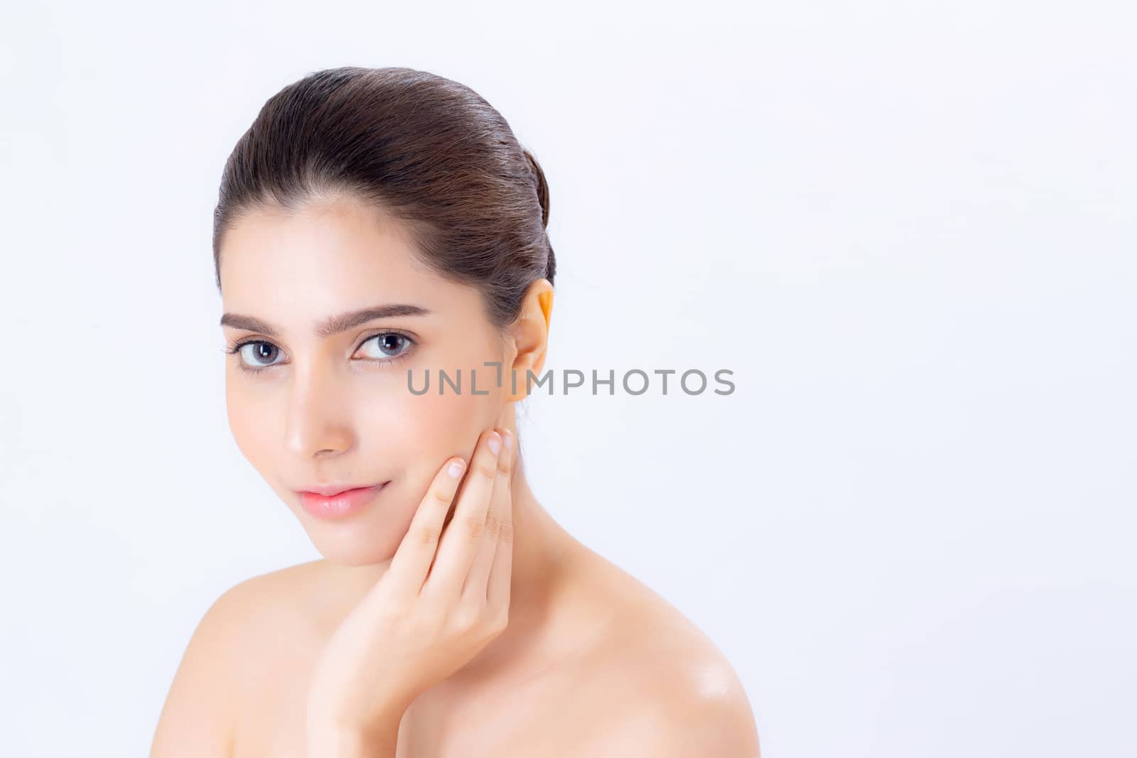 Portrait of beautiful woman makeup of cosmetic, girl hand touch cheek and smile attractive, face of beauty perfect with wellness isolated on white background with skin healthcare concept.