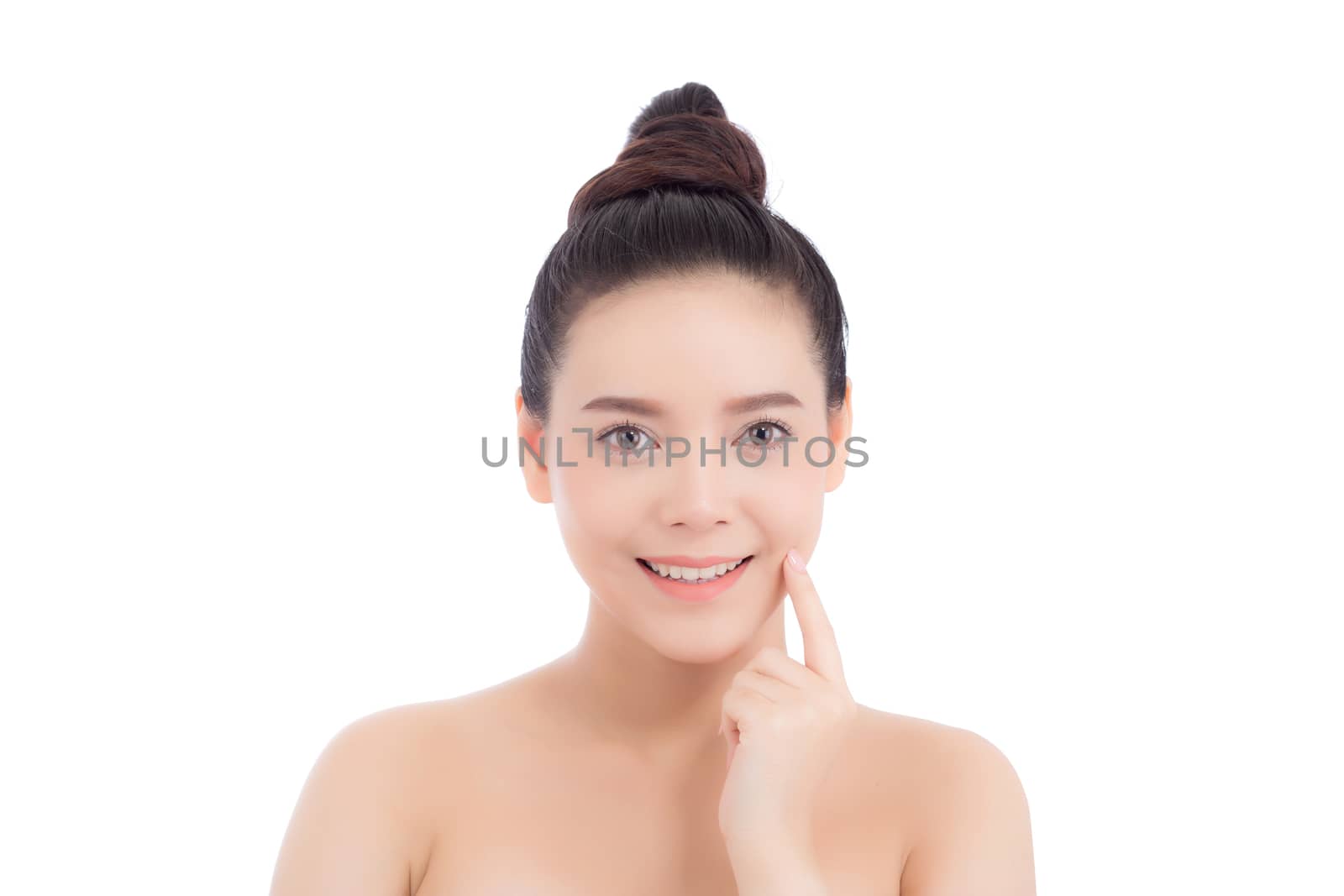 Portrait of beautiful woman makeup of cosmetic, girl hand touch cheek and smile attractive, face of beauty perfect with wellness isolated on white background with skin healthcare concept.