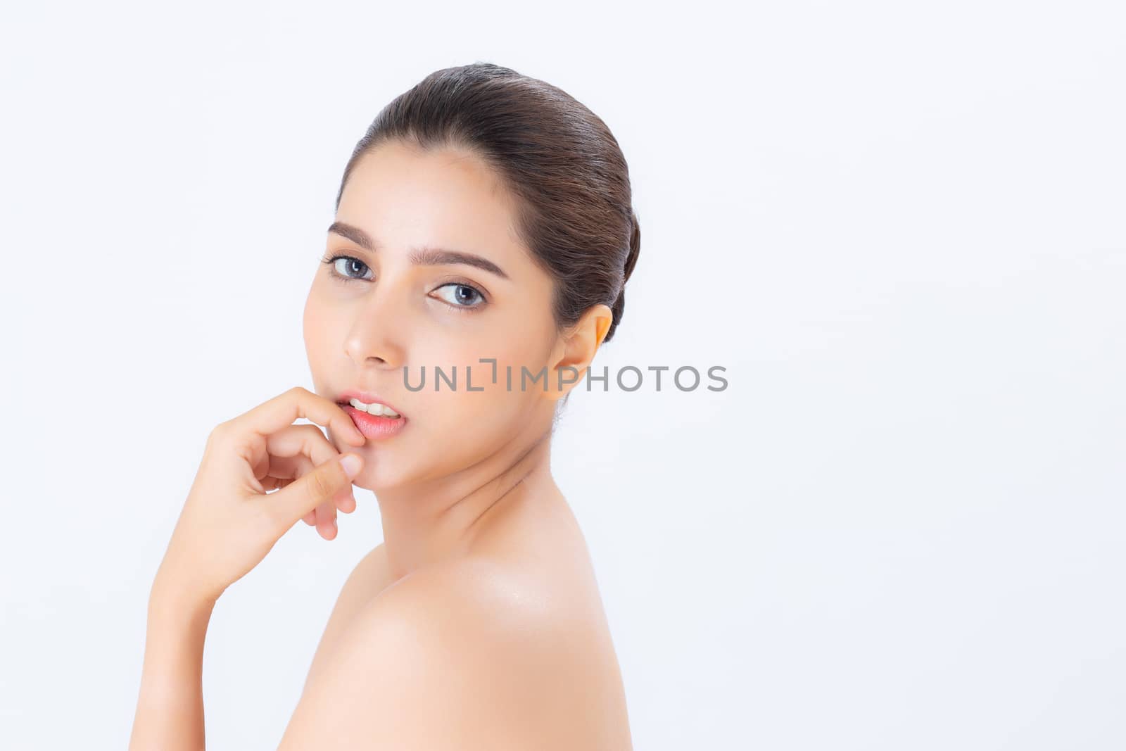 Portrait of beautiful woman makeup of cosmetic, girl hand touch mouth and smile attractive, face of beauty perfect with wellness isolated on white background with skin healthcare concept.