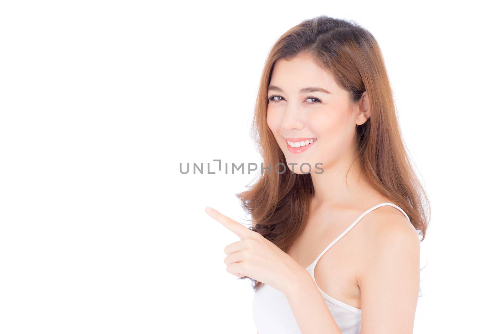 Asian beautiful young woman showing with healthy clean skin presenting something empty copy space on the hand isolated on white background, beauty concept.