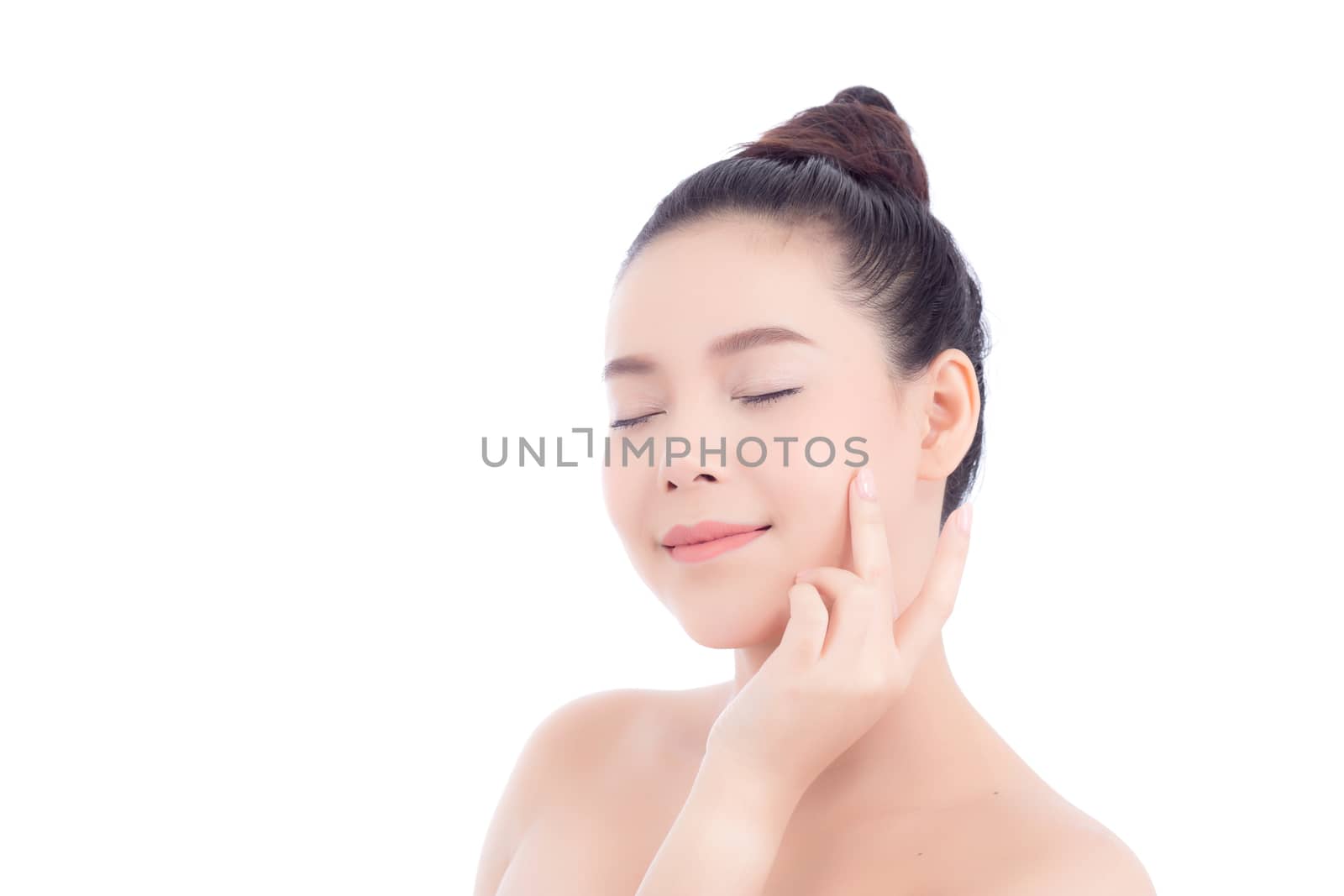 Portrait of beautiful woman makeup of cosmetic, girl hand touch cheek and smile attractive, face of beauty perfect with wellness isolated on white background with skin healthcare concept.