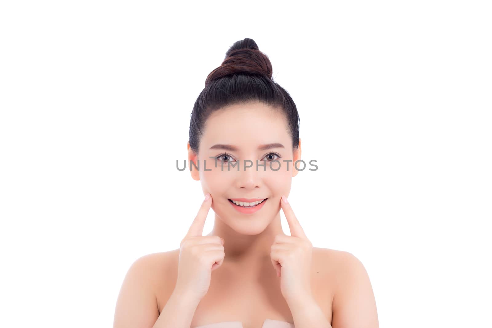 Portrait of beautiful woman makeup of cosmetic, girl hand touch cheek and smile attractive, face of beauty perfect with wellness isolated on white background with skin healthcare concept.