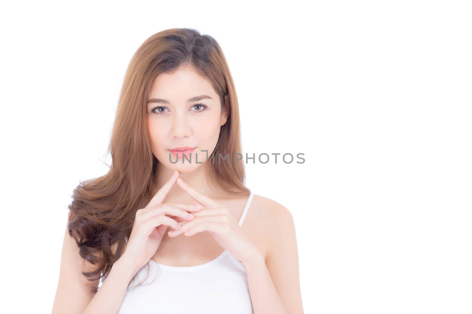 Portrait of beautiful woman makeup of cosmetic, girl hand touch chin and smile attractive, face of beauty perfect with wellness isolated on white background with skin healthcare concept.