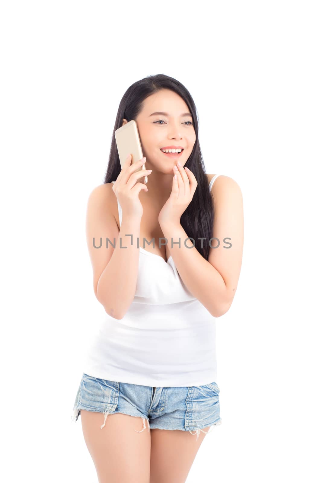 Beautiful of portrait asian young woman smile and happy talking calling with mobile phone isolated on white background.