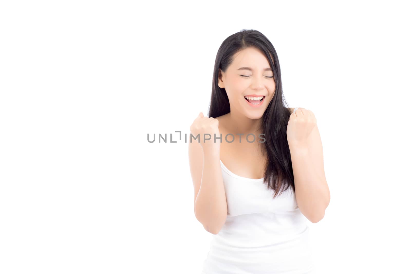 Portrait of beautiful asian woman makeup of cosmetic, beauty of girl with face smile and gesture glad attractive isolated on white background, success perfect with wellness and healthcare concept.