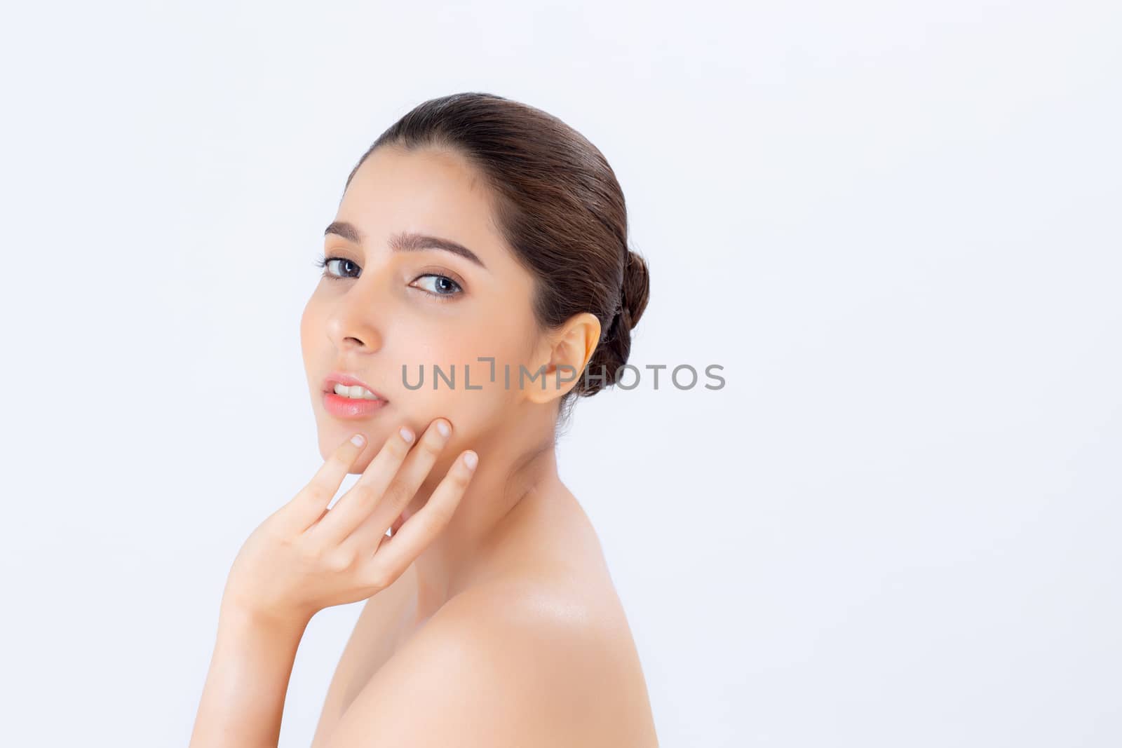 Portrait of beautiful woman makeup of cosmetic, girl hand touch cheek and smile attractive, face of beauty perfect with wellness isolated on white background with skin healthcare concept.