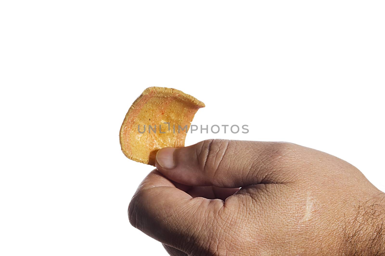 Male hand with snack on white background