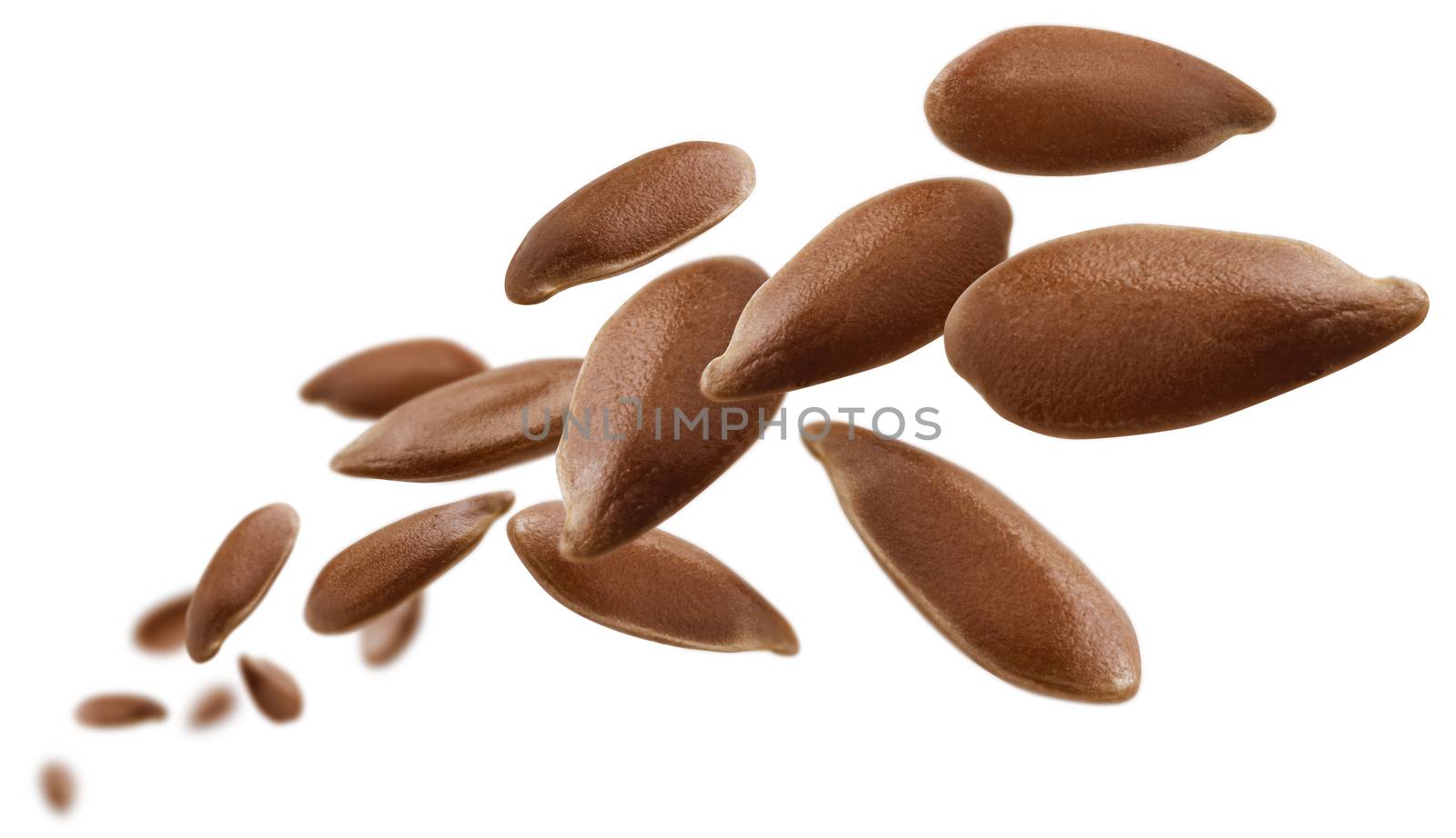 Flax seeds are levitated on a white background.