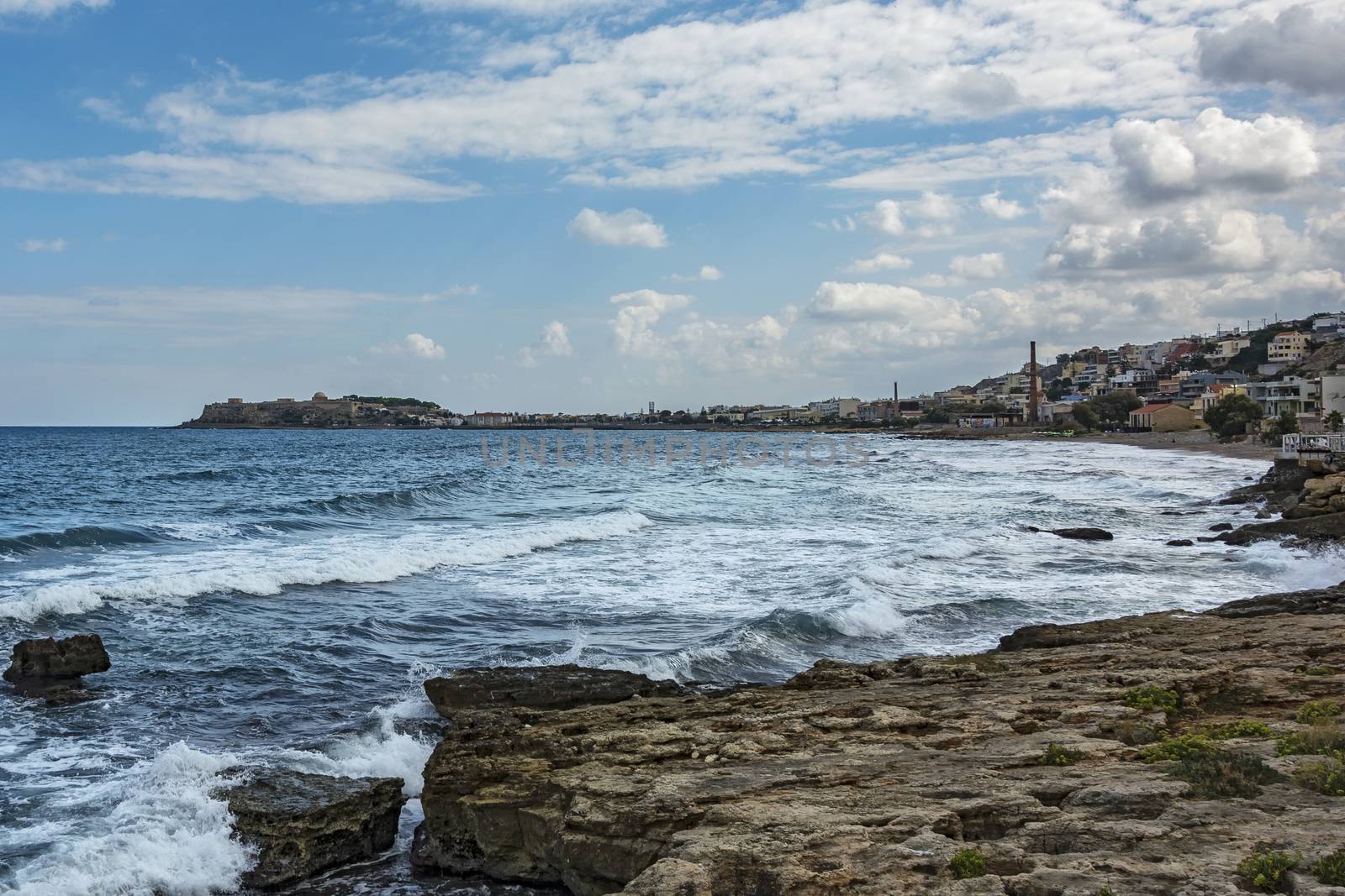 The coastline of Reus on the island of Crete overlooking the Venetian Fortress (Greece)