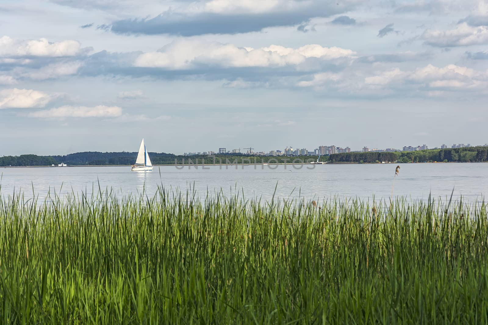 White yacht with white sails on a big lake and a city on the horizon