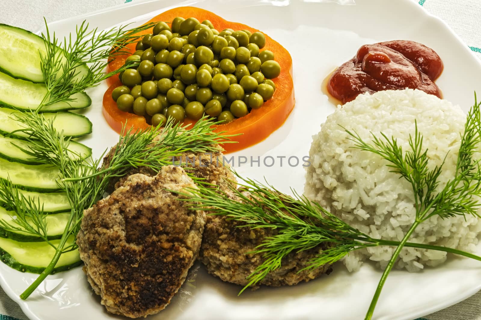 Home food. Cutlet from minced meat with boiled rice and fresh ve by Grommik