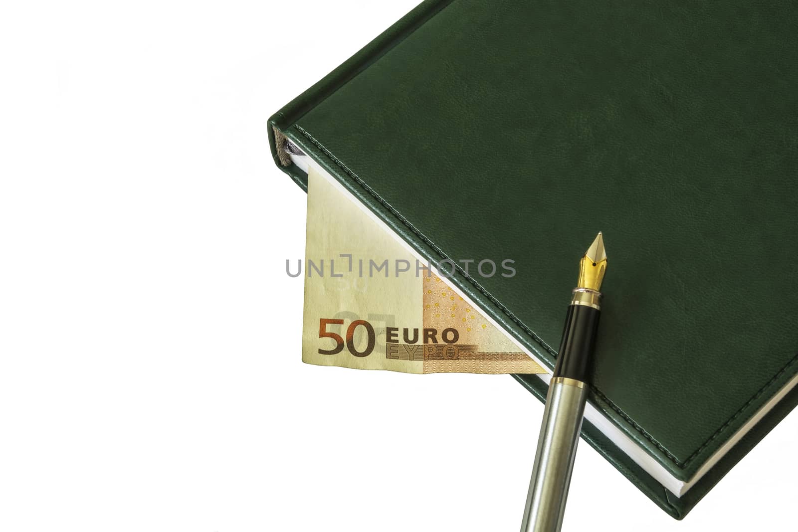 On the diary is a fountain pen. Between the sheets a bill of EUR 50 is visible