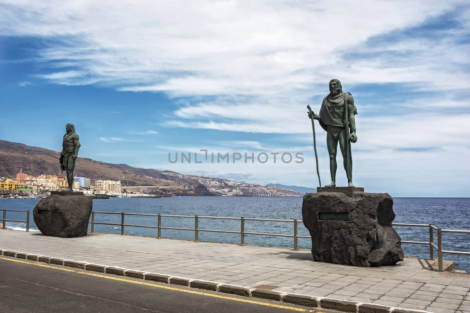 Spain, Tenerife, Candelaria - 12.09.2016: Bronze statues of the Mansay Guanches in the central square of the city