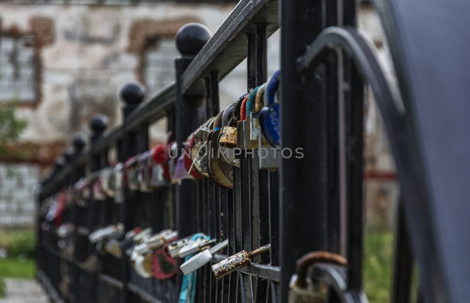 On the elements of the metal fence hang many padlocks