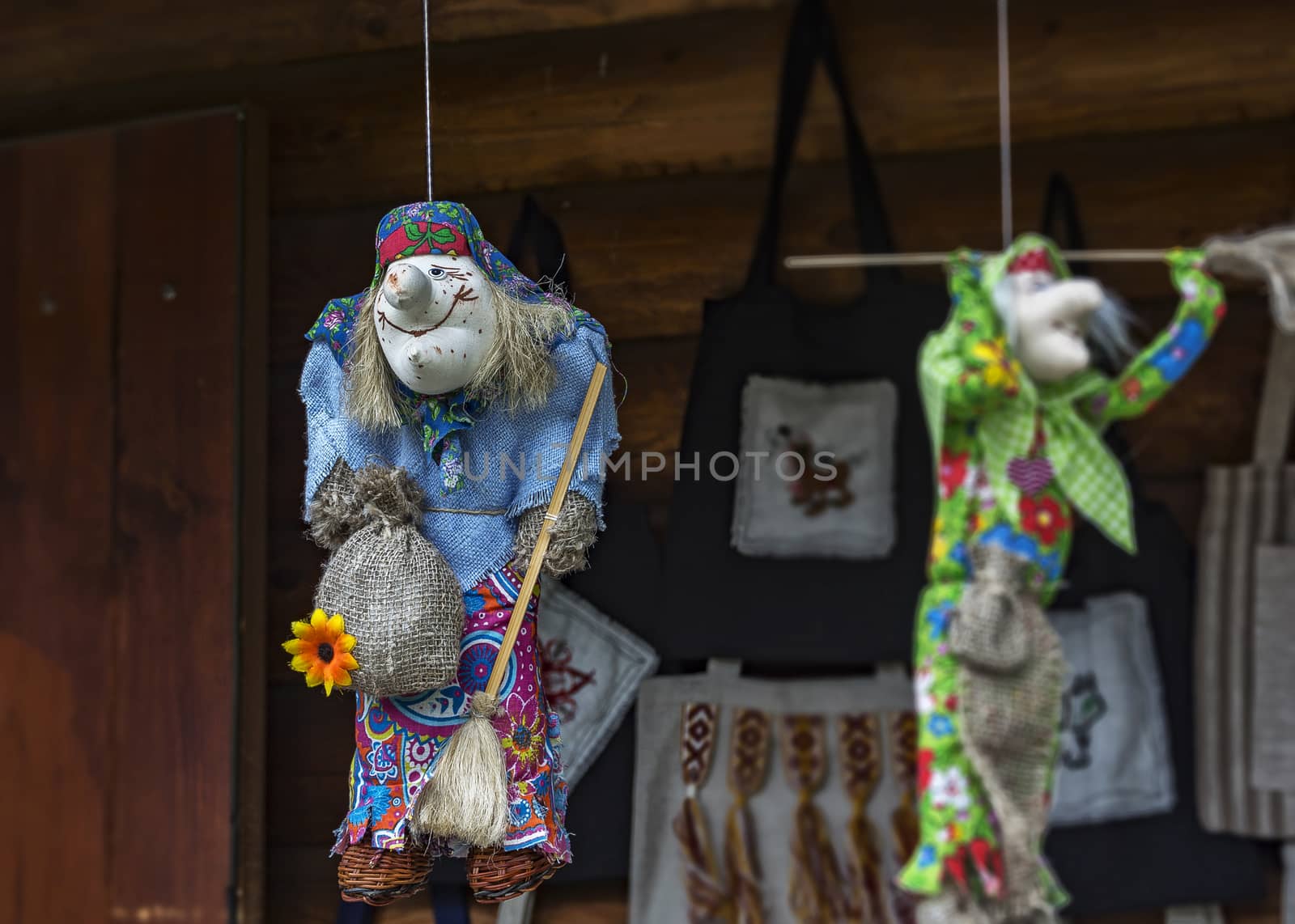 Belarus, Dudutki - 11.07.2017: Toy Baba Yaga, the heroine of Russian folk tales sewn from cloth