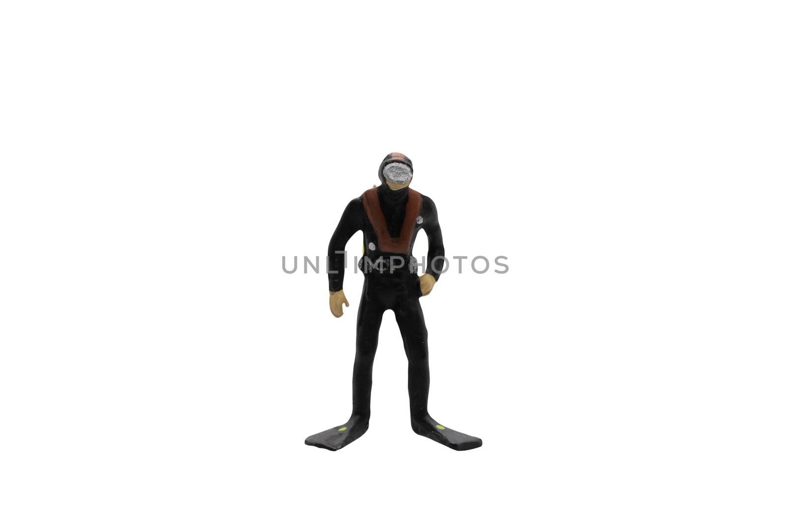 Miniature people : Scuba diver isolated on white background with clipping path