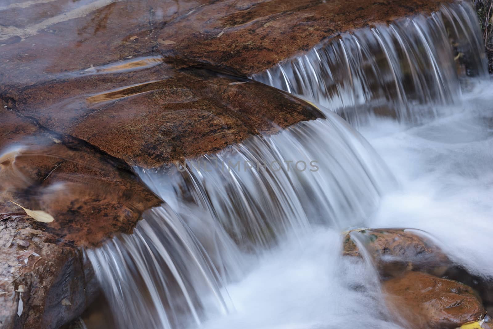 Beautiful waterfall streaming over red colored bedrock in the Left Fork North Creek, Zion National Park.