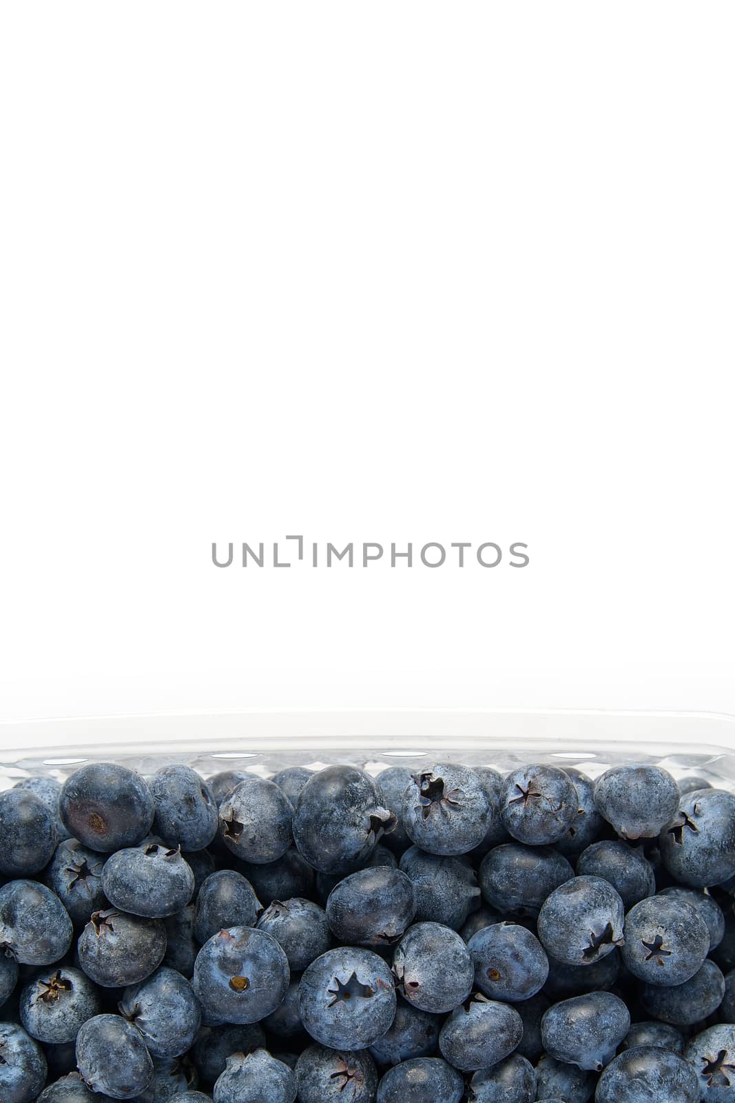 blueberries in clear plastic tray shot from above on white background. by PhotoTime