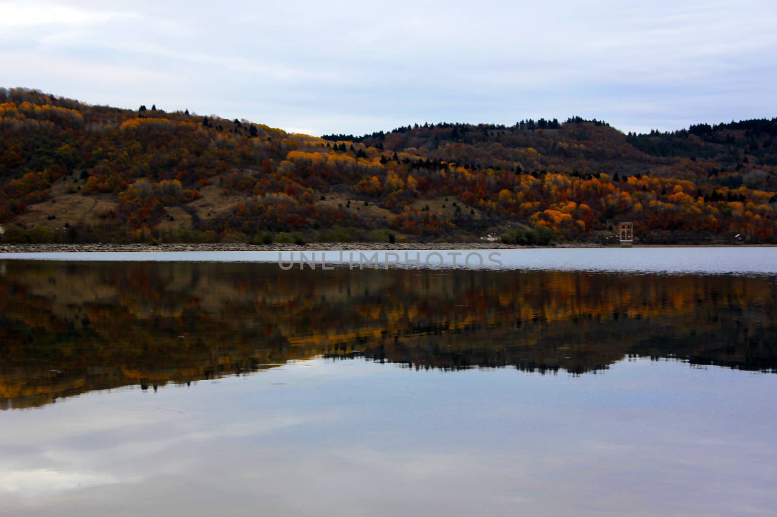 Shaori lake in Racha, Georgia. Lake landscape at autumn time.