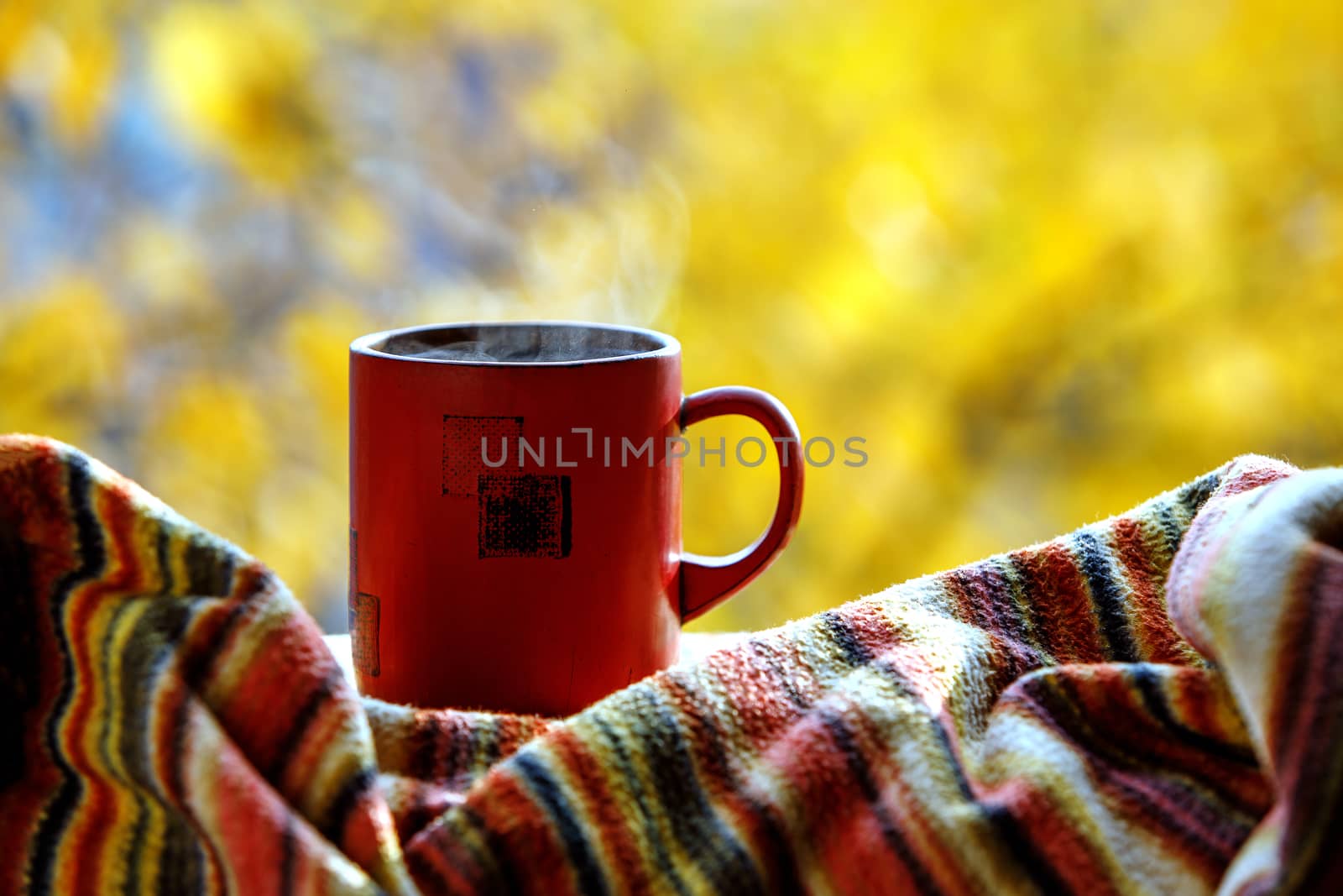 Red coffee cup over autumn background