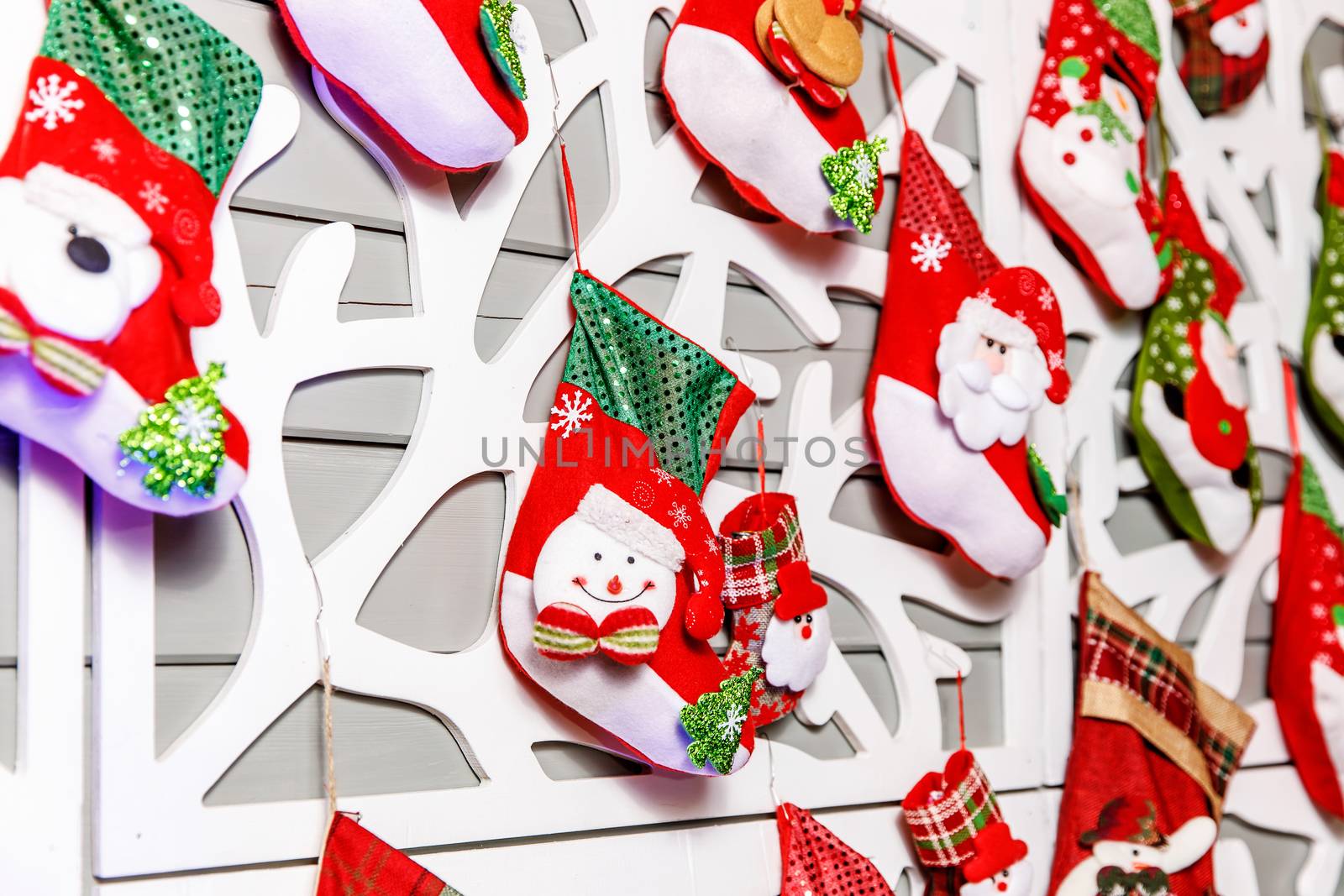 Christmas decorations, Christmas socks background. by 9parusnikov